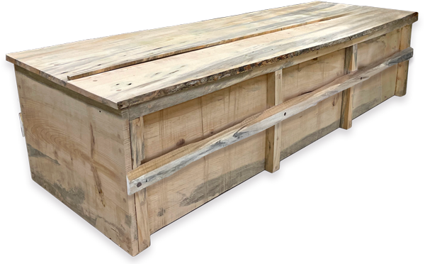 Great River crafted casket of salvaged rough wood