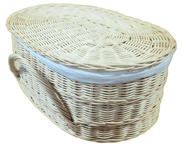 natural pet casket in biodegradable rattan with cotton cloth lining