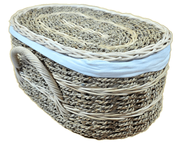 natural pet casket in biodegradable rattan with seagrass and cotton cloth lining