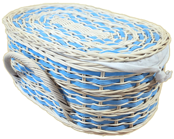natural pet casket in biodegradable rattan with soft blue accents and cotton cloth lining
