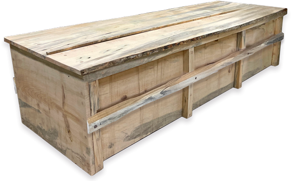 Great River crafted casket of salvaged rough wood