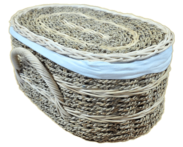 natural pet casket in biodegradable rattan with seagrass and cotton cloth lining