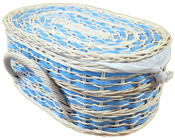 natural pet casket in biodegradable rattan with soft blue accents and cotton cloth lining