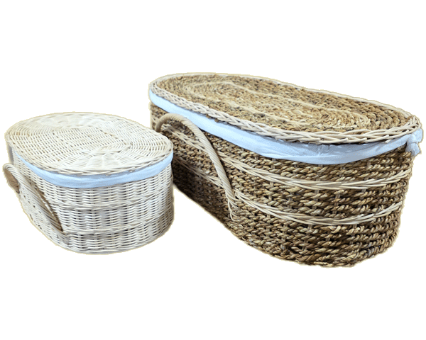 size comparison of small and large natural pet casket in biodegradable rattan with cotton cloth lining