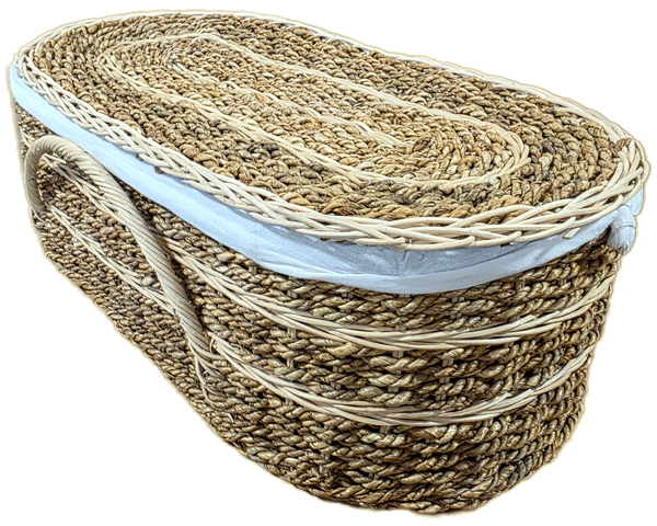 natural pet casket in biodegradable rattan with banana fibers and cotton cloth lining